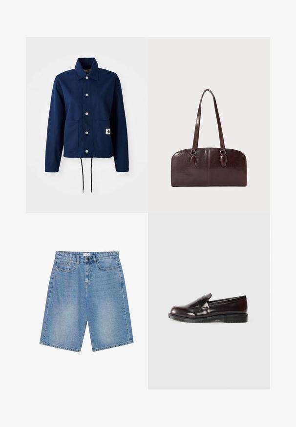 Navy blue jacket in cotton-blend fabric; features a button closure, two front pockets, and a drawstring hem. Subtle branding on the lower pocket.; White long-sleeve t-shirt made of cotton, featuring a small orange and maroon Carhartt logo on the chest. Crew neck design.; Denim shorts in light blue with a straight cut, five-pocket design, and contrast stitching. Features a button and zipper closure.; Burgundy leather loafers with a smooth surface, a raised seam detail, and a rubber sole. Designed with a rounded toe and minimal hardware.; Brown leather handbag with two long handles, a structured rectangular shape, smooth texture, and rounded edges. Features accent details at the handles.