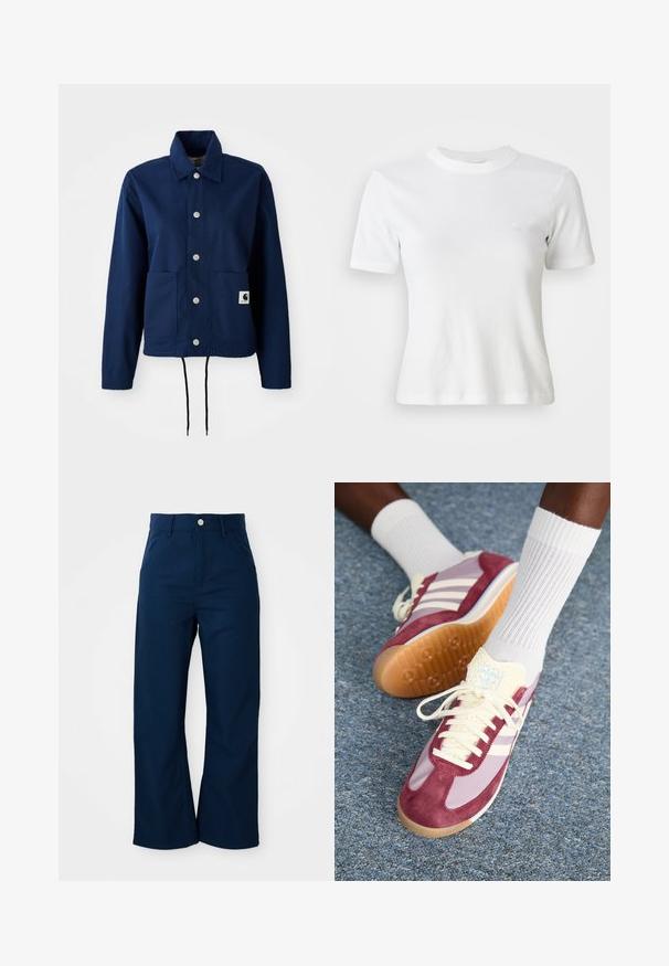 Giacca blu navy in tessuto misto cotone; presenta una chiusura con bottone, due tasche frontali e un orlo con coulisse. Logo discreto sulla tasca inferiore.; T-shirt bianca a maniche corte con scollo rotondo e un piccolo logo sul petto. Realizzata in un tessuto morbido con un design aderente.; Pantaloni a gamba larga blu navy realizzati in tessuto robusto, dotati di chiusura frontale con bottone e quattro tasche con una texture liscia.; Sneakers con un design in scamosciato bordeaux e lilla chiaro, con tre strisce bianche, lacci color crema e una linguetta gialla texture. Suola in gomma.