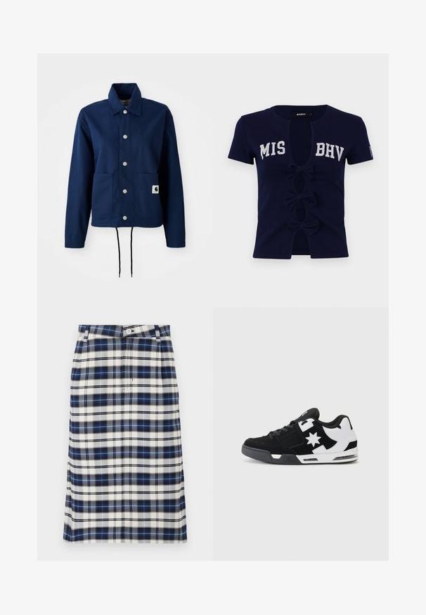Marineblå jakke i bomuldsblandet stof; har en knaplukning, to forlommer og en snor i kanten. Diskret branding på den nederste lomme.; Marineblå kortærmet T-shirt med dyb V-udskæring, der har teksten "MIS BHV." Tre sløjfer pryder frontudskæringerne, lavet af blødt bomuldsstof.; Rutet nederdel i marineblå, hvid og grå. Har en lige silhuet, knaplukning og en subtil struktur med gittermønster.; Sort og hvid sneakers lavet af ruskind og mesh. Har et fremtrædende stjernelogo og dristige detaljer på siden, samt en polstret sål.