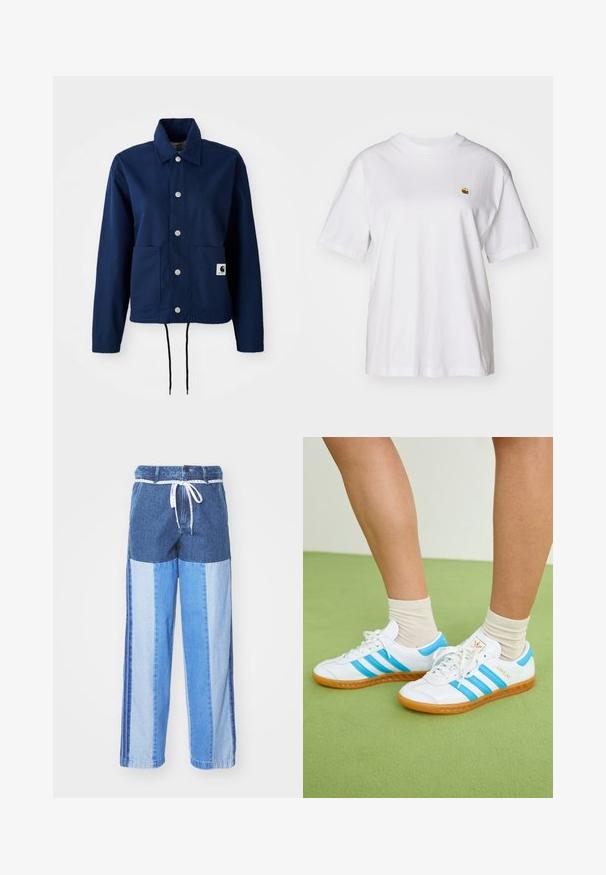 Giacca blu navy in tessuto misto cotone; presenta una chiusura con bottone, due tasche frontali e un orlo con coulisse. Logo discreto sulla tasca inferiore.; Maglietta in cotone bianco con vestibilità rilassata, maniche corte e un piccolo logo ricamato sul lato sinistro del petto.; Pantaloni in denim blu con un design a patchwork in diverse sfumature di blu, vita con cordoncino e gambe ampie e dritte.; Sneakers bianchi con strisce azzurro chiaro, suola in gomma e design con lacci. Presentano un marchio dorato e una texture liscia simile alla pelle.
