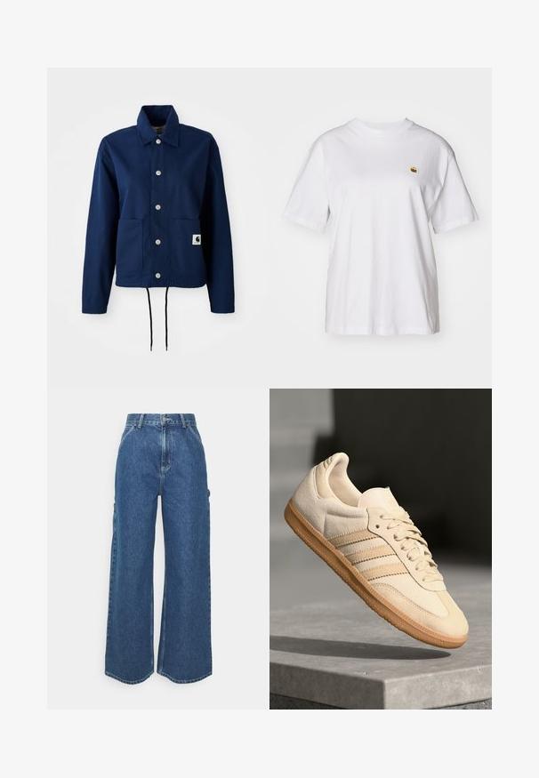 Tumesinine jope puuvilla-segu materjalist; omab nupuga kinnitust, kahte esist taskut ja reguleeritavat alumist äärt. Diskreetne bränding alumisel taskul.; Valge puuvillane T-särk, millel on lõdva lõikega, lühikesed varrukad ja väike broderi logo vasakul rinnakarpi.; Laiene jalad sinised denim püksid kõrge vöökohaga, kontrastsete õmblustega ja küljetaskutega, klassikalise viie taskuga disainiga ja toore servaga.; Hele beeži sueded spordijalatsid, millel on kummist välistald, kolm diagonaalset triipu ja tekstuuriga varvaste katus. Omab logo keelel ja külgedel.