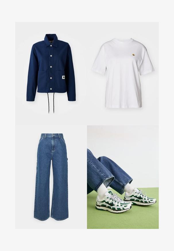 Chaqueta azul marino de tejido mezcla de algodón; cuenta con un cierre de botón, dos bolsillos frontales y un dobladillo con cordón. Branding sutil en el bolsillo inferior.; Camisa de algodón blanca con corte relajado, mangas cortas y un pequeño logotipo bordado en el área del pecho izquierdo.; Pantalones vaqueros de pierna ancha en azul con cintura alta, costuras en contraste y bolsillos laterales, que cuentan con un diseño clásico de cinco bolsillos y dobladillos sin rematar.; Zapatillas deportivas blancas y verdes con una parte superior texturizada, que presentan un diseño de malla y una suela negra, llevadas con jeans azules y calcetines blancos.