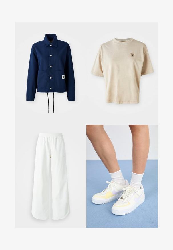 Tumši zils žakets no kokvilnas maisījuma auduma; ar pogu aizdari, divām priekšējām kabatām un regulējamu apakšdaļu. Diskreta zīmola identifikācija apakšējā kabatā.; Bēšas kokvilnas T-krekls ar brīvu piegriezumu, apaļu kakla izgriezumu, īsām piedurknēm un mazu kvadrātveida logotipa uzlīmi kreisajā krūšu pusē.; Baltas, platais sporta bikses ar ribotu jostasvītru un smalku logotipa detaļu. Gluda auduma ar brīvu piegriezumu un sašaurinātu apakšdaļu.; Balti ādas sporta apavi ar dzelteniem un lavandas akcentiem, apaļa purngala forma, plakani šņores un teksturēta gumijas zole. Valkāti ar baltām zeķēm.