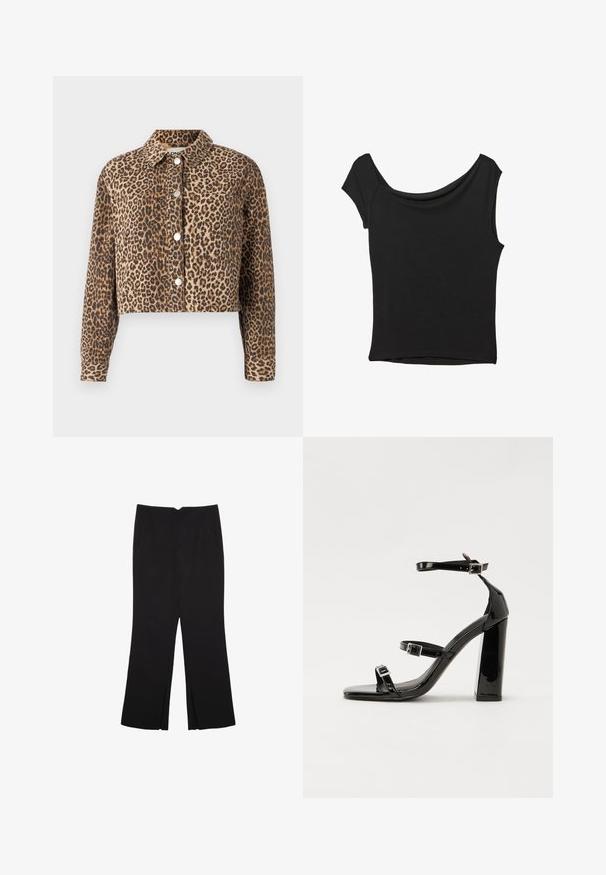 Giacca di jeans cropped con motivo leopardato, dotata di colletto e bottoni a pressione argentati sulla parte anteriore.; Top nero a maniche corte realizzato in tessuto liscio; presenta un colletto drappeggiato e un orlo asimmetrico, con una vestibilità aderente.; Pantaloni neri a gamba dritta, con tasche frontali e spacchi laterali all'orlo. Realizzati in tessuto morbido e liscio. Adatti a diverse occasioni.; Sandali con tacco in vernice nera, con punta squadrata, cinturini alla caviglia e fibbie in argento. Presentano un tacco a blocco spesso per maggiore stabilità.