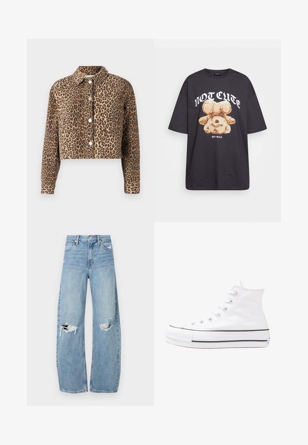 Giacca di jeans cropped con motivo leopardato, dotata di colletto e bottoni a pressione argentati sulla parte anteriore.; T-shirt nera oversize con una grafica di un orso e la scritta "NON CARINA MA SELVAGGIA" in grassetto, lettere bianche. Materiale in cotone.; Jeans azzurri chiari a vita alta realizzati in denim. Presentano gambe larghe, due aree strappate sulle ginocchia e il classico styling a cinque tasche.; Sneaker alta in tela bianca con suola in gomma nera, punta in gomma frontale e sei asole per i lacci, caratterizzata da un design pulito e minimalista.