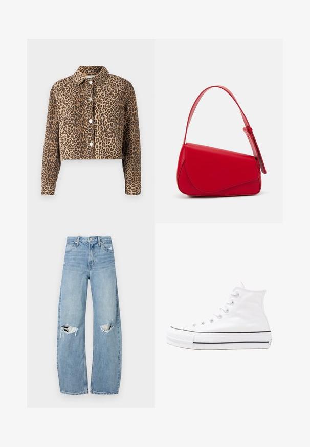 Giacca di jeans cropped con motivo leopardato, dotata di colletto e bottoni a pressione argentati sulla parte anteriore.; T-shirt nera oversize con una grafica di un orso e la scritta "NON CARINA MA SELVAGGIA" in grassetto, lettere bianche. Materiale in cotone.; Jeans azzurri chiari a vita alta realizzati in denim. Presentano gambe larghe, due aree strappate sulle ginocchia e il classico styling a cinque tasche.; Sneaker alta in tela bianca con suola in gomma nera, punta in gomma frontale e sei asole per i lacci, caratterizzata da un design pulito e minimalista.; Borsa a tracolla in pelle rossa con un design angolare e geometrico. Presenta una singola tracolla regolabile e una chiusura a patta con dettagli cuciti.