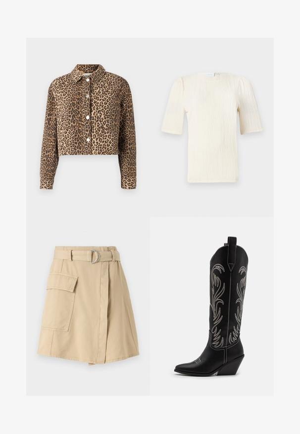 Kratka denim jakna z vzorcem leoparda, z ovratnikom in srebrnimi gumbki na sprednji strani.; Bluzica s kratkimi rokavi v barvi smetane z teksturno valovito vzorcem. Okrogli izrez in subtilne gubice na rokavih. Lahkotna tkanina.; Bež krilo iz bombaža s stransko žepom, pasom z zlatim obročem in rahlo A-linijo. Gladka tekstura in preprost dizajn.; Črne usnjene kavbojske čevlje s koničastimi prsti, klinastimi petami in srebrnimi vezeninami cvetnega vzorca po vsej dolžini. Kontrastno šivanje povsod.