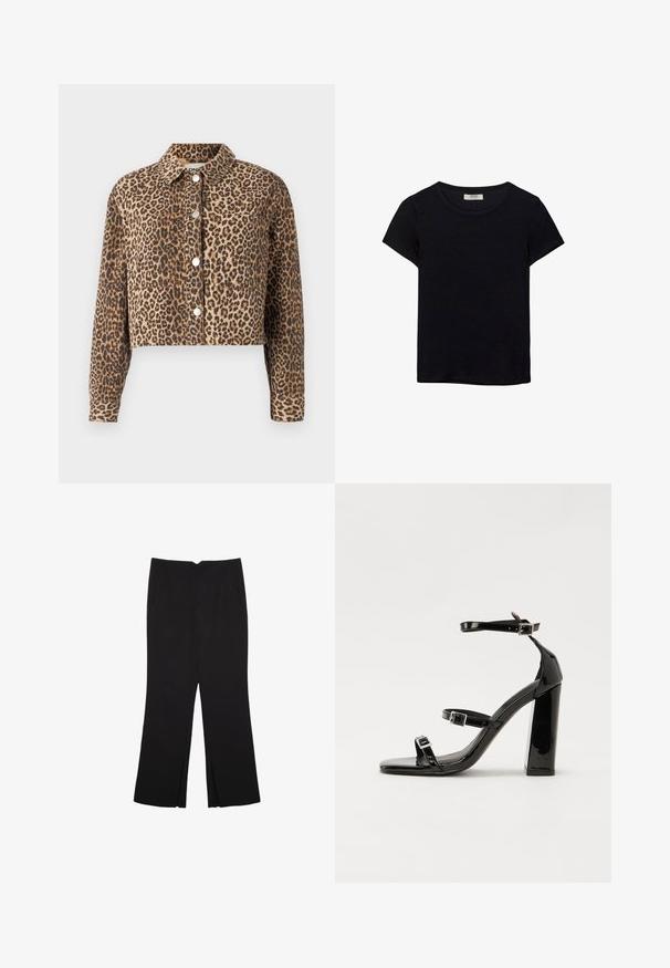 Zastrihnutá džínová bunda s leopardím vzorom, so golierom a striebornými cvokmi na prednej strane.; Čierne tričko s krátkym rukávom vyrobené z jemného materiálu. Má klasický okrúhly výstrih a voľný strih. Bez vzorov alebo akcentov.; Čierne nohavice so strihom rovného strihu, s prednými vreckami a bočnými rozparkami na leme. Vyrobené z mäkkej, hladkej tkaniny. Vhodné na rôzne príležitosti.; Čierne lakované sandále na podpätku so štvorcovou špičkou, navlečenými remienkami okolo členku a striebornými prackami. Disponujú masívnym blokovým podpätkom pre stabilitu.