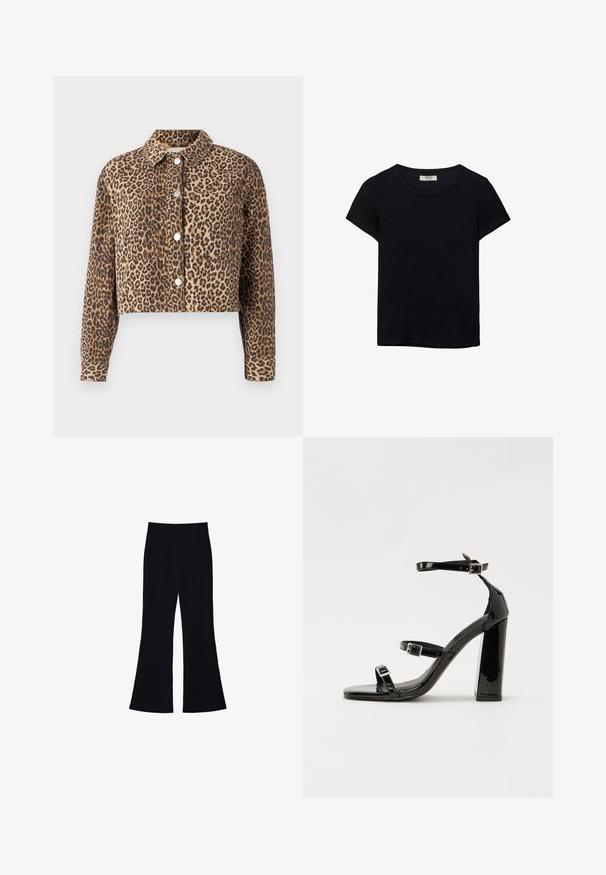 Zastrihnutá džínová bunda s leopardím vzorom, so golierom a striebornými cvokmi na prednej strane.; Čierne tričko s krátkym rukávom vyrobené z jemného materiálu. Má klasický okrúhly výstrih a voľný strih. Bez vzorov alebo akcentov.; Čierne široké nohavice s vysokým pásom a bez viditeľných vreciek alebo gombíkov, zobrazené na bielom pozadí.; Čierne lakované sandále na podpätku so štvorcovou špičkou, navlečenými remienkami okolo členku a striebornými prackami. Disponujú masívnym blokovým podpätkom pre stabilitu.