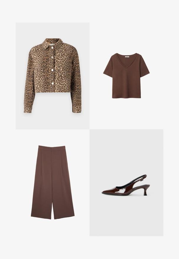 Gekürzte Jeansjacke im Leopardenmuster, mit einem Kragen und silbernen Druckknöpfen auf der Vorderseite.; Braunes Baumwoll-T-Shirt mit kurzen Ärmeln und tiefem V-Ausschnitt. Einfaches Design, weiche Textur und gerade Saumlinie. Keine Muster oder Akzente.; Braune Weite-Leg-Hosen mit einer glatten Textur, hoher Taille und Vorderfalten. Der Stoff ist leicht und fällt locker.; Braune Lackleder-Slingback-Schuhe mit spitzer Zehe und moderatem Absatz. Mit einem Schnallenriemen für einen sicheren Sitz. Glatte Textur.