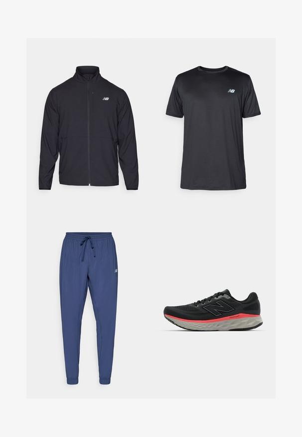 Černá zipová bunda s vysokým límcem, vyrobena z lehkého materiálu a s dlouhými rukávy. Obsahuje malé, reflexní logo na levé hrudi.; New Balance Sportovní tričko - black; Námořnické modré sportovní kalhoty s elastickým pasem, šňůrkou na stažení a zúženými manžetami. Obsahují boční kapsy a malé logo na jedné nohavici.; Černá běžecká obuv s síťovinovým svrškem, doplněná růžovým pruhem na mezipodešvi a šedou podrážkou. Obsahuje texturované detaily a flexibilní design podešve.