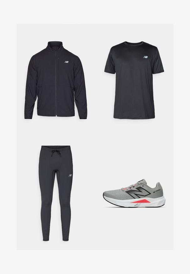 Melnā jaku ar rāvējslēdzēju, augstu apkakli, vieglu audumu un garām piedurknēm. Uz kreisā krūts ir neliels atstarojošs logos.; New Balance Sporta krekli - black; Melnas sportiskas legingas, kas izgatavotas no elastīga auduma. Aprīkotas ar aukliņu jostu un mazu atstarotāju logotipu labajā priekšējā augšstilbā.; Pelēki sporta apavi ar teksturētu acs augšdaļu, melniem akcentiem, rozā detaļām un baltu mīksto zoli ar izteiksmīgu trīsstūra dizainu.