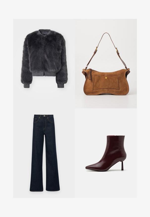 ONLY ONLMANNY - Winter jacket - thunderstorm; White cable-knit turtleneck sweater with a cropped silhouette, featuring ribbed cuffs and hem. Soft texture with a cozy, chunky design.; Dark blue wide-leg denim jeans with front pockets, belt loops, and a button closure.; Burgundy patent leather ankle boot with a pointed toe and a slim stiletto heel, featuring a smooth, glossy texture and minimalistic design.; Dolce Vita JOSIE - Handbag - pecan; Gold-colored earrings with a smooth, rounded shape featuring a reflective surface and a post back for secure wear.