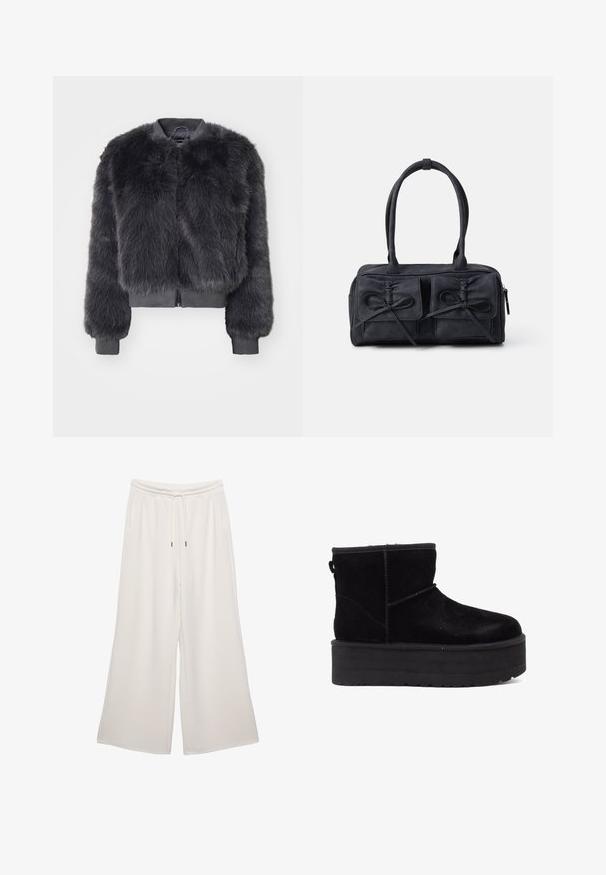 ONLY ONLMANNY - Vinterjakker - thunderstorm; Smocket bluse med et ternet mønster i sort, hvid og beige. Rynket halsudskæring og manchetter, lange ærmer, cropped fit.; Cremefarvede bredbenede bukser lavet af blødt stof, med elastisk talje, snørrebånd og sidelommer. Glat tekstur.; Sorte suede ankelstøvler med en tyk platformsål og blødt foer. Afsluttet med stikninger og en bageste strop for nem påtagning.; Sorte stof håndtaske med to frontlommer med sløjfedetaljer, dobbelte håndtag og lynlåslukning. Blød tekstur og rektangulær form.