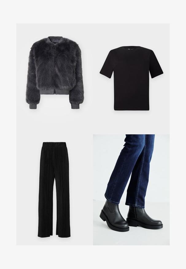 ONLY ONLMANNY - Veste d'hiver - thunderstorm; T-shirt noir à manches courtes avec un col rond, fabriqué en coton doux. Design simple, sans logos ni motifs visibles.; Pantalons plissés noirs avec une taille élastique. Présente des jambes larges et un tissu lisse texturé avec des rayures verticales.; Bottines en cuir noir avec une semelle épaisse et des panneaux élastiques sur les côtés, associées à un jean bleu foncé. Le sol est de couleur claire.