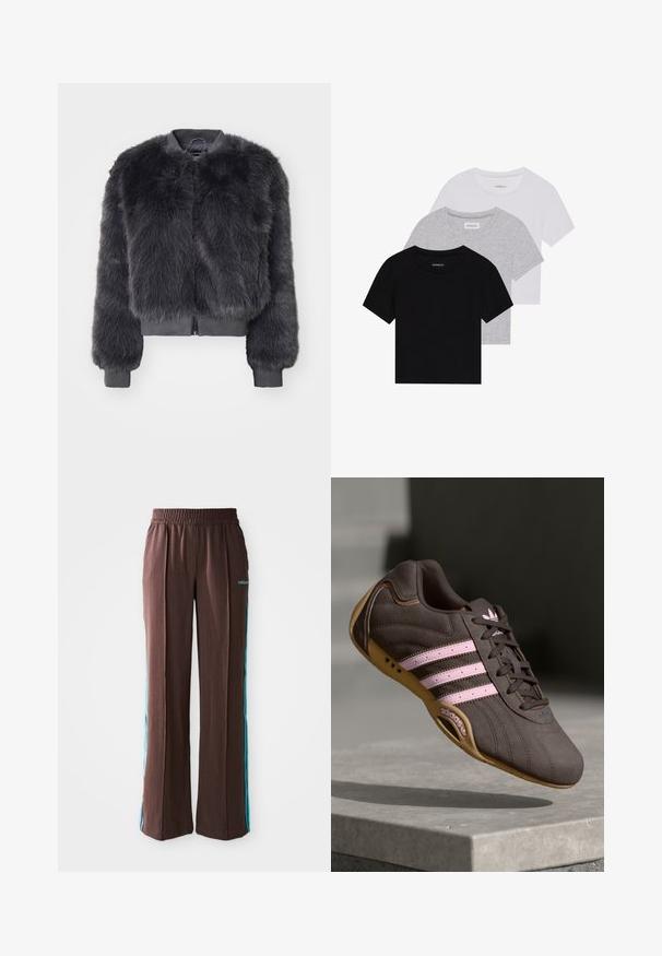 ONLY ONLMANNY - Winter jacket - thunderstorm; Set of three short-sleeve t-shirts in black, gray, and white. Made from cotton, featuring a crew neck and a simple, solid color design.; Brown athletic pants with a ribbed texture, elastic waistband, and turquoise side stripes. Features the adidas logo on the front.; Brown suede athletic shoe with pink stripes and logo, featuring a textured upper, lace closure, and a gum rubber sole.