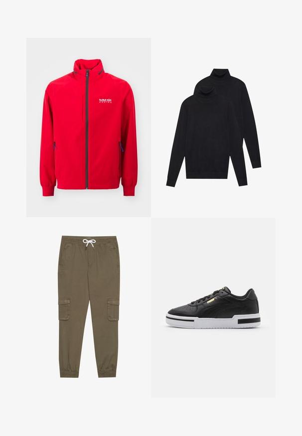 Vibranti raudona vėjapjūtė striukė su aukštu apykakle, juodu užtrauktuku, krūtine kišene ir mėlynomis akcentais ant užtrauktukų. Rodyklė "Red Bull Racing" logotipas.; Du mėlynos ilgomis rankovėmis golfo megztiniai, paprasta mezgimo, supilti vienas ant kito, vienas šiek tiek už nugaros, ant baltos fono.; Khaki krovinių kelnės su elastingu juosmeniu ir užtrauktuku, su šoninėmis kišenėmis ir sutrauktomis kulkšnėmis. Pagamintos iš tekstūruotos, lengvos medžiagos.; Juodai odiniai sportbačiai su balta tarpinėmis, perforuotu pirštu, auksiniu logotipu, paminkštintu apykakle ir kontrastingomis juodomis akcentais šone.
