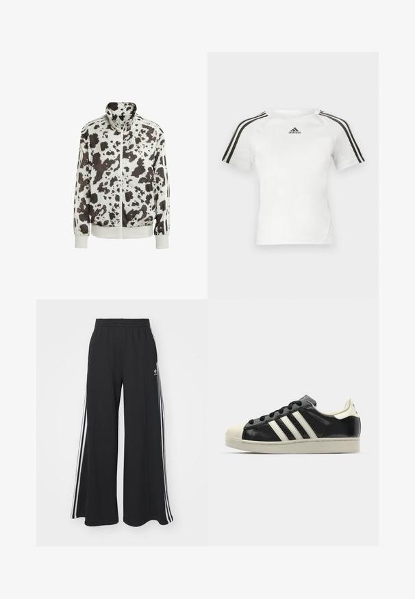 Balta jaka ar melnbaltu un brūnu govs rakstu. Iezīmēta ar augstu apkakli, ar rāvējslēdzēju priekšpusē un svītrainām akcentiem uz piedurknēm. Gluda, viegla materiāla.; Baltas īsās piedurknes sporta krekls ar melnu trīs joslu dizainu plecos, gluda tekstūra un neliels melns adidas logotips krūtīs.; Melnas plašas sporta bikses ar elastīgu jostasvietu, kurām ir baltas sānu svītras un izšūts logo kreisajā augšstilbā.; Melna ādas sporta apava ar baltām svītrām, gumijas purngala aizsardzību, melnām auklām un krēma krāsas zoli. Gluda tekstūra ar spīdīgu apdari.