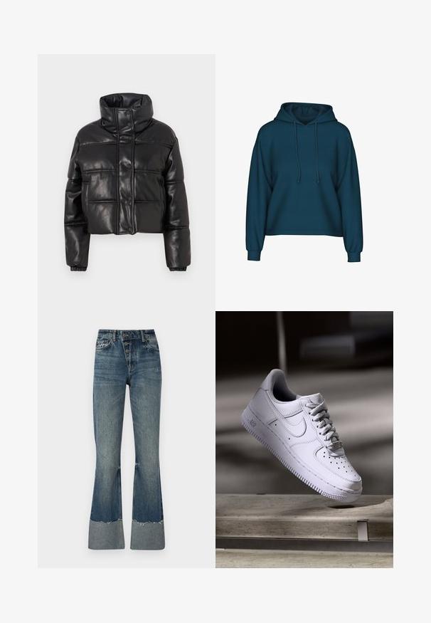 Must kollane lühike puff jacket kunstnahast, millel on kõrge krae, klõpsukinnitus ja tikandiga paneelid elastsete randmeotstega.; Türkiis pulloveri kapuutsiga, pika varrukaga ja soonikkoes. Valmistatud pehmest kangast ja laiemast lõikest.; Keskmise sinise värvi teksapüksid, millel on kõrge vöökoht, viis nööpi ja rebenenud alumine äär. Alumine äär on heledam ning kangas on kergelt pleekinud.; Valge Nike Air Force 1 toss, mis hõljub betoonpinna kohal, varjud minimalistlikus keskkonnas.