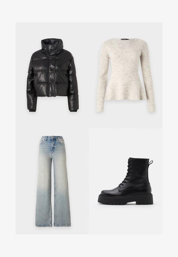 Giacca trapuntata nera cropped in ecopelle, con colletto alto, chiusure a scatto e pannelli trapuntati con polsini elasticizzati.; Pullover lungo beige chiaro con maniche a lunghezza intera, texture a coste, scollatura a barchetta e orlo svasato. Realizzato in un morbido tessuto lavorato a maglia.; Jeans ampi di colore blu chiaro in denim, con vita alta, cinque tasche e cuciture visibili lungo le cuciture.; Stivaletti in pelle nera alla caviglia con punta rotonda, lace-up frontale e suola in gomma spessa con battistrada textured. Tassello sul retro.