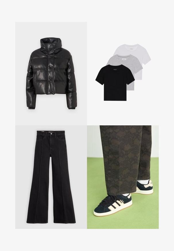 Juodas trumpas pūkinis džemperis iš dirbtinės odos, turintis aukštą apykaklę, spaudžiamas užtrauktukas ir siuvinėtos dalys su elastingomis rankovėmis.; Trijų trumpomis rankovėmis marškinėlių rinkinys juodos, pilkos ir baltos spalvos. Pagaminti iš medvilnės, turi apvalų iškirpimą ir paprastą, vientisos spalvos dizainą.; Juodos aukšto liemens plačios kojos džinsai su priekiniais siūlės detalėmis, mygtuko uždarymu, diržo kilpomis ir priekinėmis kišenėmis ant paprasto šviesaus fono.; Juodos ir raštuotos kelnės derinamos su tamsiai mėlynais zomšiniais sportbačiais, kurie turi kremines juosteles ir baltus padus. Paviršiai rodomi tekstūruoti ir lygūs.