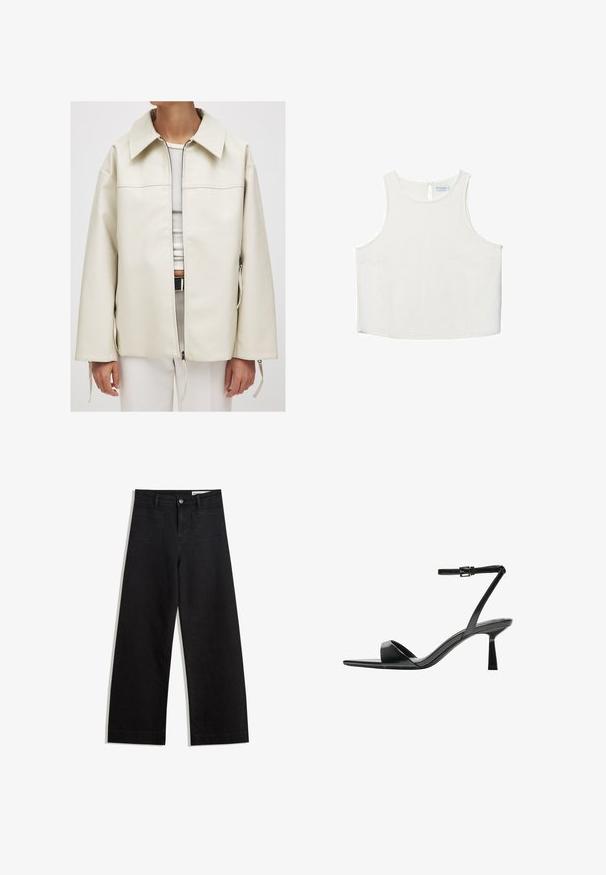 Krämfärgad läderjacka med dragkedja fram, stor krage och sidofickor; har en slät textur och en lös, boxig passform.; Vit ärmlös topp med rundad halsringning, featuring en subtil textur, detalj med nyckelhål i ryggen och rak nederkant.; Svarta vida denimbyxor med hög midja, med fram- och bakfickor, sydda sömmar och knappstängning. Slät textur.; Bershka Sandaletter - black