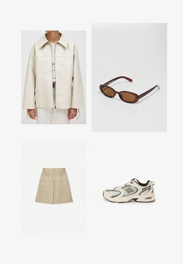 Bela usnjena jakna s sprednjim zadrgo, velikim ovratnikom in stranskimi zadrgami; ima gladko teksturo in ohlapen, kvadraten kroj.; Bela majica s kratkimi rokavi iz bombaža z okroglim izrezom in sproščenim krojem. Gladka tekstura brez vidnih vzorcev ali okrasnih elementov.; Bež šortsi s prostornim krojem, izdelani iz denima. Imajo dva zadnja žepka in kontrastne oranžne šive. Rob se konča pod kolenom.; Bele in rjave atletske čevlje z mrežasto zgornjo stranjo, ukrivljenim dizajnom, oblazinjenim podplatom ter logotipom "N" na strani. Trajen gumijast podplat.; Okrogle, rjavo obarvane sončne naočare z sijočim burgundskim okvirjem. Tanek nosilec s subtilnim logotipom. Oblika leč je ravna.; Zign LEATHER - Torbica - dark red
