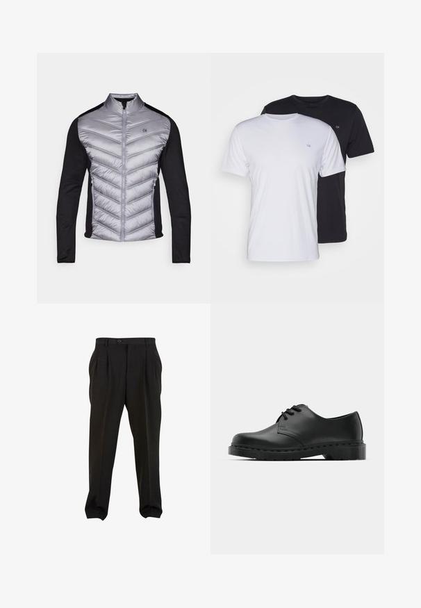 Paminkštinta striukė su sidabriniu, siuvinėtu priekiu ir juodomis megztinėmis rankovėmis. Turintis aukštą apykaklę, užtrauktuko priekį ir logotipą krūtinėje.; Du pfaldi medvilniniai marškiniai trumpomis rankovėmis, balti ir juodi, su apvaliais kaklais, turintys mažą logotipą ant krūtinės, glotnus paviršius.; Juodos kelnės su lygiu audiniu, turinčios priekines klostes, mygtukų juosmenį ir siaurėjančius kulkšnies audinius. Klasikinis pritaikytas siluetas.; Juodos odinės oksfordo bateliai su raištelių užsegimu, apvaliu pirštu, plokščiu guminiu padu ir subtiliu siuvimo akcentu viršuje.