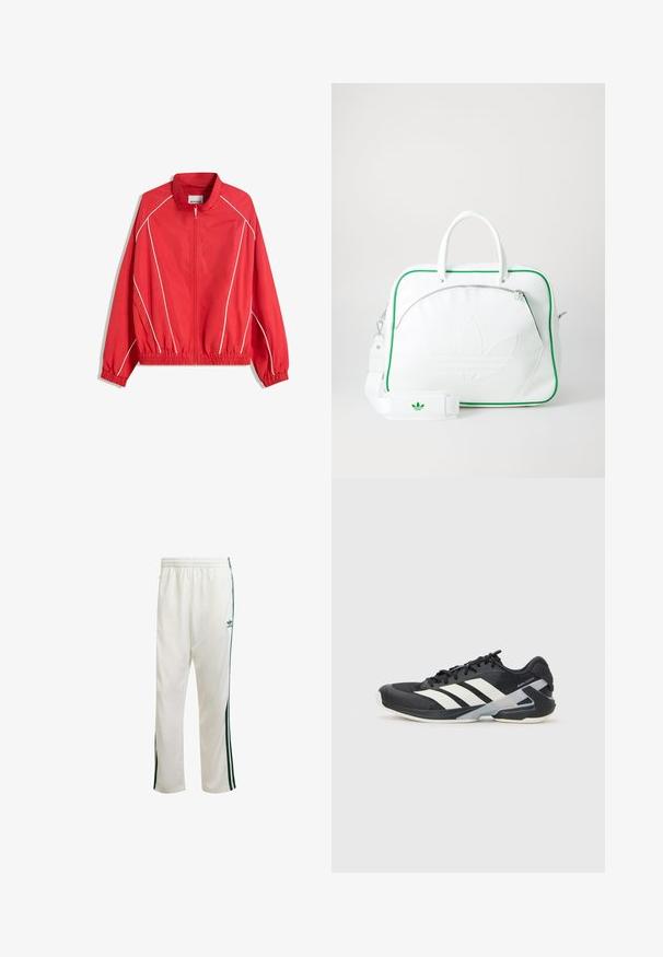 Czerwona, lekka kurtka z wysokim kołnierzem, pełnym zamkiem, elastycznymi mankietami i dołem, z białymi lamówkami wzdłuż boków.; Biała bawełniana koszulka z czarnym ściągaczem przy dekolcie i rękawach, z trzema czarnymi paskami na każdym ramieniu oraz małym logo na klatce piersiowej.; Białe spodnie sportowe z zielonymi paskami po bokach, elastycznym paskiem w talii i logo na górnej lewej stronie. Wykonane z lekkiego materiału.; Czarne buty sportowe z białymi paskami, siateczkowa cholewka, zaokrąglony czubek i amortyzowana podeszwa. Posiadają teksturowany obcas i pewny system sznurowania.; Biała skórzana torba z zielonymi akcentami, z wyraźnym tłoczonym logo, podwójnymi uchwytami, odpinanym paskiem i zapinaną na zamek kieszenią z przodu.