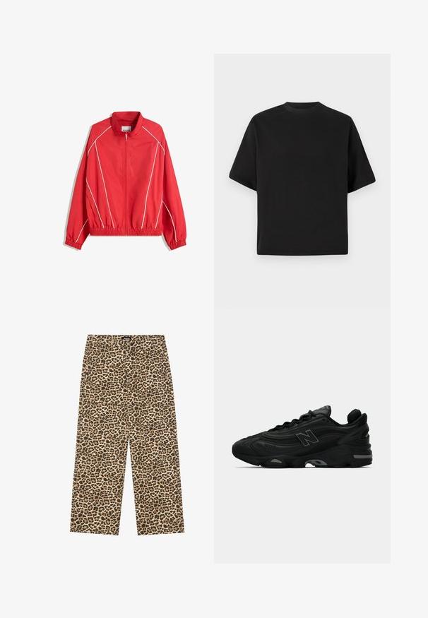 Punainen kevyt takki, jossa on korkea kaulus, kokovetoketju, joustavat hihansuut ja helma, sekä valkoinen reunus sivuilla.; Musta lyhythihainen T-paita väljästi istuvana, valmistettu sileästä puuvillasta, jossa on pyöreä pääntie ja minimalistinen muotoilu.; YOURTURN UNISEX - Relaxed fit -farkut - beige/black; Mustat urheilukengät, joissa on teksturoitu päällinen, mukana näyttävä logo, paksu pohja ja hienovaraiset harmaat yksityiskohdat designissa.