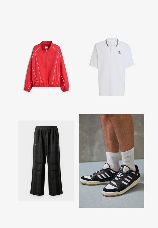 Crvena lagana jakna s visokim ovratnikom, punim patentnim zatvaračem, elastičnim manžetama i rubom, s bijelim detaljima duž bokova.; Bijela polo majica od pamuka, s rebrastim ovratnikom s crnim prugama i malim crnim logom na lijevoj strani prsnog koša. Kratki rukavi.; Crne karirane hlače s elastičnom urezom, dva prednja džepa i ležernim krojem s ravnim nogavicama. Izrađene su od laganog materijala.; Crne i bijele tenisice s gornjim dijelom od antilopa i kože, s tri bijele pruge, perforiranim prstom i gumiranim potplatom.