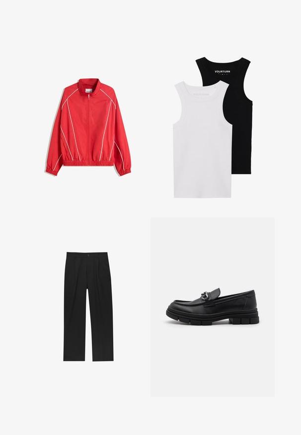 Czerwona, lekka kurtka z wysokim kołnierzem, pełnym zamkiem, elastycznymi mankietami i dołem, z białymi lamówkami wzdłuż boków.; Dwa dopasowane topy na ramiączkach w kolorze czarnym i białym. Wykonane z prążkowanej bawełny, mają szerokie ramiączka i zaokrąglone dekolty. Logo na kołnierzu.; Czarne spodnie o prostym kroju, wykonane z gładkiego materiału. Posiadają zakładki z przodu i pojedyncze zapięcie na guziki w pasie.; Czarne skórzane półbuty z okrągłym noskiem, dekoracyjnym paskiem i elementami metalowymi oraz grubą, fakturowaną podeszwą. Gładkie wykończenie z subtelnymi detalami.