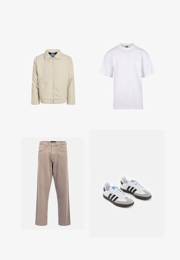 Beige zip-up jacka med krage, två framfickor och rak passform. Insidan har en kontrasterande blå foder. Tillverkad av lätt tyg.; Vit bomullströja med rund halsringning, korta ärmar och en avslappnad passform. Har en enkel design utan mönster eller accenter.; Beige raka jeans i denim, med en klassisk femficksdesign, sömnadsdetaljer och en ren fåll.; Sportskor med överdel i vit läder, grå mocka på tårna och tre svarta ränder. Har en blå logotyp på tungan och en texturerad gummisula.