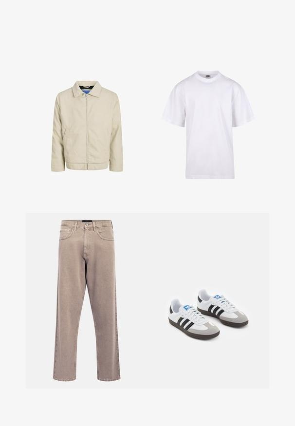 Beige zip-up jacket with a collar, two front pockets, and a straight cut. Interior features contrasting blue lining. Made from lightweight fabric.; White cotton t-shirt with a crew neckline, short sleeves, and a relaxed fit. Features plain design without patterns or accents.; Light beige straight-leg jeans with a slightly faded texture, five-pocket design, and metal button closure. Prominent stitching details.; Sport shoes with a white leather upper, gray suede toe, and three black stripes. Features a blue logo on the tongue and a textured rubber sole.