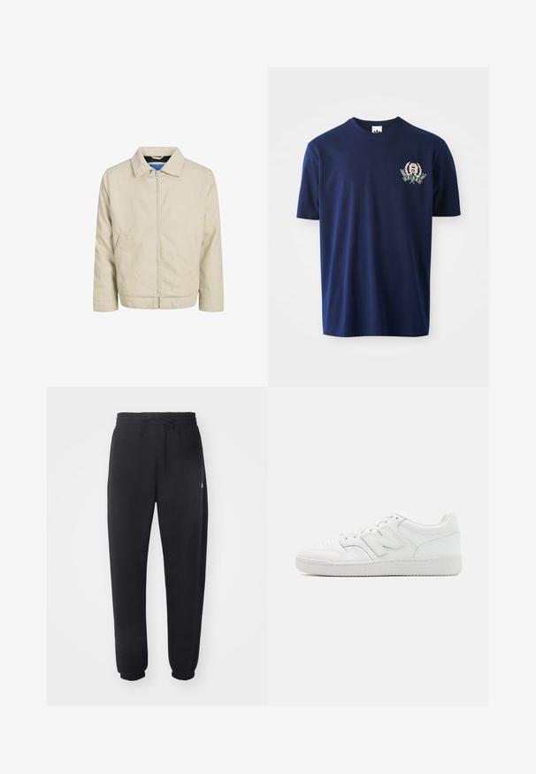 Bežna zip-jakna s ovratnikom, dvema sprednjima žepoma in pravim krojem. Notranjost se ponaša z kontrastnim modrim podlogom. Izdelana je iz lahkega materiala.; Temno modra bombažna majica s kratkimi rokavi, okroglim ovratnikom in vezenim logotipom z lovorovimi poudarki na levi strani prsnega koša.; Črne trenirke iz mehkega materiala z elastičnim pasom, vrvico in zoženimi manšetami, ki vsebujejo subtilen logotip na strani.; Bela teniska iz gladke usnjene obdelave, z perforiranim prstnim delom, teksturiranim gumijastim podplatom, ravnimi vezalkami in opaznim logotipom 'N' na strani.