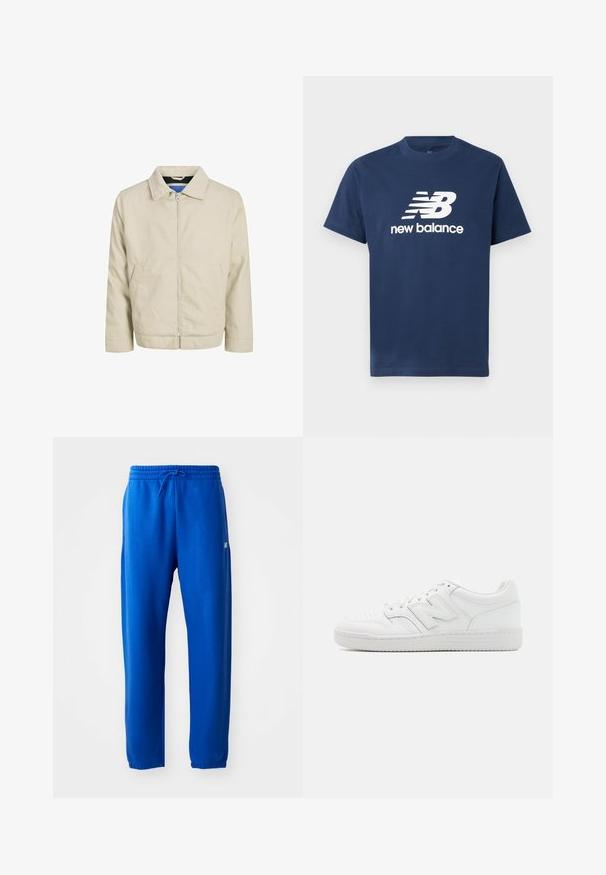 Bež kapuutsiga jakk, millel on kaks esist pocketit ja sirge lõige. Siseosa on kontrastse sinise voodriga. Valmistatud kergest kangast.; Tumesinine puuvillane T-särk lühikeste varrukatega ja ümmarguse kaelusega. Esipaneelil on valge "NB" logo ja "new balance" tekst.; Sinised dressipüksid, mis on valmistatud pehmest kangast, elastse vöökohaga ja nööridega, kitsenevate jalgadega ning väike logodetail külgedel.; Valged spordijalatsid, mis on valmistatud siledast nahast, sisaldavad aukudega varbaosa, tekstureeritud kummist tallat, lamedaid paelu ja silmapaistvat 'N' logo küljel.
