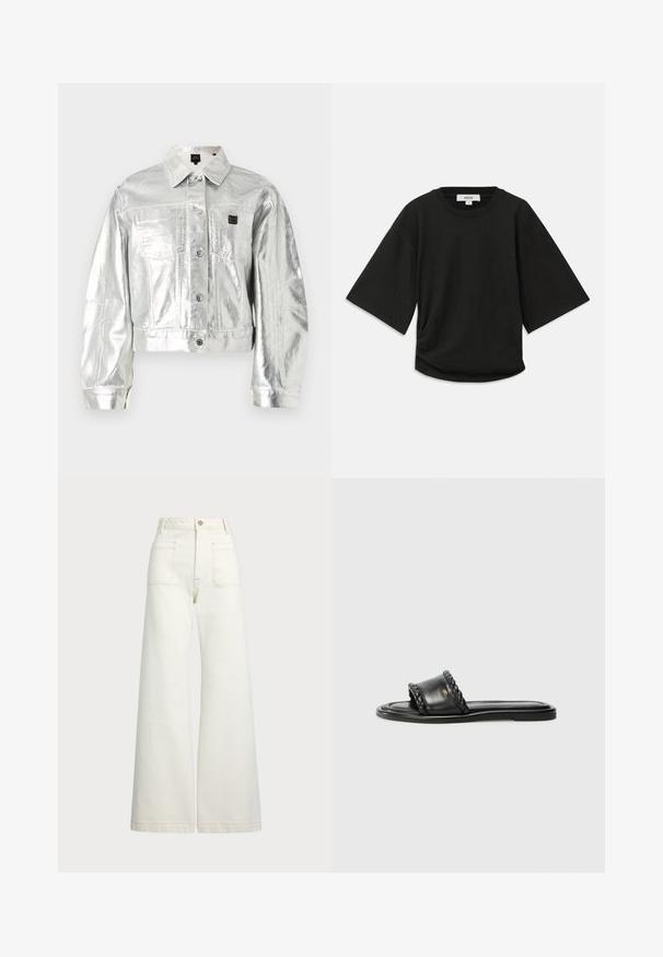 Hopeinen metallinhohtoinen lyhyt farkkutakki, jossa pitkähihaiset hihat, kaksi etutaskua, nappikiinnitys ja brändilogo vasemmassa rinnassa.; Musta lyhythihainen t-paita pehmeää puuvillakangasta, jossa on pyöreä kaula-aukko ja rento leikkaus, jossa on huomaamaton keräysdetaili sivussa.; Reisitaskuhousut vaaleanvalkoisesta denimestä. Korkea vyötärö, napitus, kaksi etutaskua ja kontrastiväriset ompeleet.; Mustahiilikos sliparite nahast sandaal, millel on punutud rihmad, lame tald ja stiilne disain. Sile tekstuur ja minimalistlik profiil.
