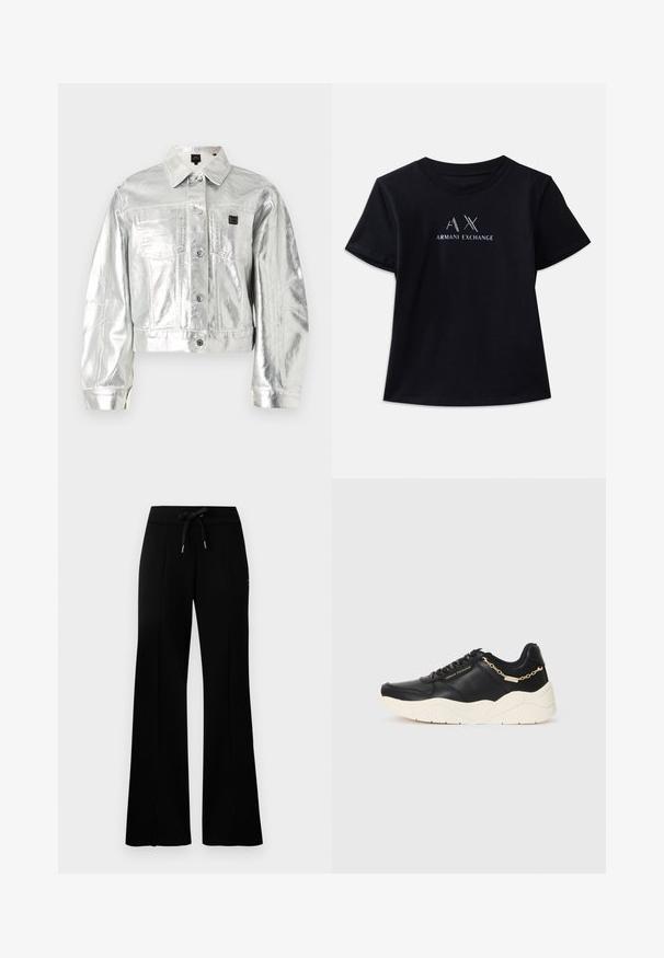 Hõbedane metallikust lühikeste varrukatega teksajakk, millel on pikad varrukad, kaks esipesa, nööpidega sulgemine ja brändipatch vasakul rinnal.; Mustade lühikeste varrukatega T-särk ümmarguse kaelusega. Omab kontrastset valget ja metallik aktsendiga "AX" logo ning "ARMANI EXCHANGE" teksti. Pehme kangas.; Musthave laiad mustan värvi dressipüksid, millel on reguleeritav vöökoht, külgedel lõhikud, pehme kangas ja elegantne disain.; Must kivist sneaker, millel on paks kreemjas tall, kullatoonist ahelaktsent ja mustad paelad. Sujuv tekstuur ja külgedel embosseeritud bränding.