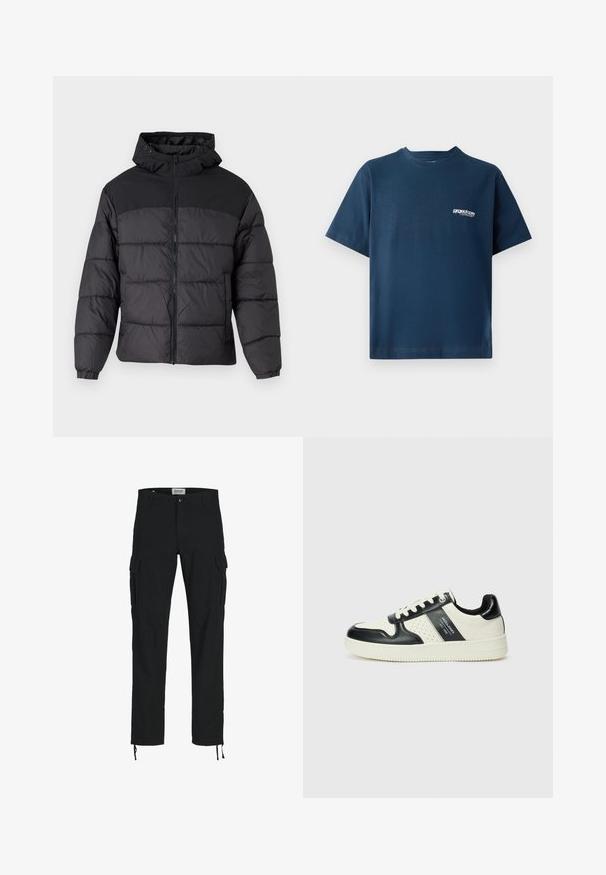 Svart puffjakke med hette, med glidelås foran, elastiske mansjetter og quiltet design. Øvre del har glatt stoff.; Marineblå bomull T-skjorte med korte ermer og rund hals. Har en liten hvit logo på venstre brystområde. Myk tekstur.; Svarte cargo-bukser med rett snitt, med sidelommer, knappelukking og elastiske snorer ved anklene. Laget av slitesterkt stoff.; Lædersneakers med sort og creme farveskema, der har perforerede detaljer, en polstret krave og en struktureret ydersål.