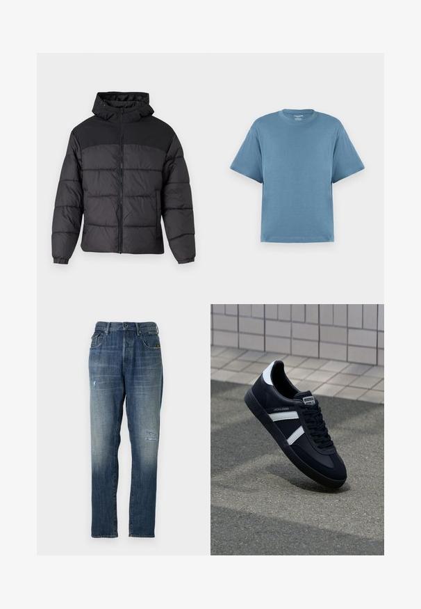 Čierna pufková bunda s kapucňou, so zipsom na prednej strane, elastickými manžetami a prešívaným dizajnom. Horná časť je z hladkej látky.; Modrá krátkorychlá pánska tričko, vyrobené z bavlny, s okrúhlym výstrihom a voľným strihom. Hladká textúra, minimalistický dizajn, bez vzorov alebo akcentov.; Džínsy z denimu v bledomodrej farbe, s rovnými nohavicami, umierneným opotrebením vpredu a klasickým päťvreckovým strihom.; Čierne kožené tenisky s bielymi pruhmi, textúrovanou gumovou podrážkou a šnurovaním vpredu. Obsahujú označenie značky na jazyku.