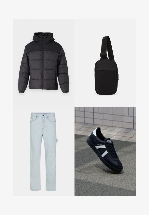 Sort pufferjakke med hætte, med lynlåslukning, elastiske manchetter og en quilted design. Øverste sektion er lavet af glat stof.; Brun strikket pullover med polo-krave, tre knapper ved halsen og lange ærmer. Blød tekstur, ribbede ærmer og kant.; Lysblå denimjeans, lige skåret, med knaplukning, fem lommer og sideløkker for ekstra funktionalitet.; Sort lædersneaker med hvide striber, tekstureret gummisål og snørrebånd foran. Har et brandet mærke på tungen.; Sort crossbody taske lavet af slidstærkt stof, med en enkelt justerbar rem, en lynlåset hovedrum og en frontlomme.