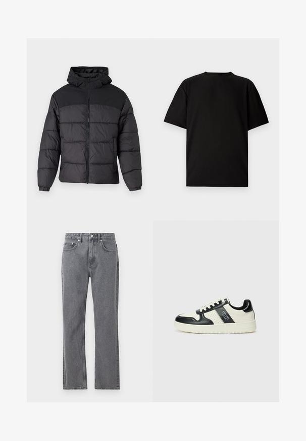 Casaco puffer preto com capuz, apresentando fecho de correr à frente, punhos elásticos e um design acolchoado. A parte superior é de tecido liso.; T-shirt preto de manga curta feito de tecido canelado. Apresenta um decote redondo e um ajuste descontraído com uma textura suave. Apenas vista traseira.; Jeans de brim cinza com um design de perna reta, cinco bolsos e fecho de botão. Apresenta desbotamento suave e costura em contraste.; Ténis de couro com um esquema de cores em preto e creme, apresentando detalhes perfurados, um colarinho acolchoado e uma sola texturizada.