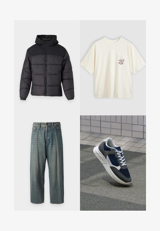 Čierna pufková bunda s kapucňou, so zipsom na prednej strane, elastickými manžetami a prešívaným dizajnom. Horná časť je z hladkej látky.; Béžové bavlnené tričko s krátkym rukávom, vybavené ľavým náprsným vreckom a bordovým grafickým textom a dizajnom. Voľný strih a okrúhly výstrih.; Svetlomodré denimové nohavice so voľným strihom, stredne vysokým pásom a rovnými nohavicami. Obsahujú päť vreciek, pútka na opasok a zapínanie na gombík.; Tenisky s sieťovinou v námorníckej modrej farbe, so sivými semišovými detailmi, bielou gumovou podrážkou a plochými bielymi šnúrkami, navrhnuté pre pohodlie a priedušnosť.