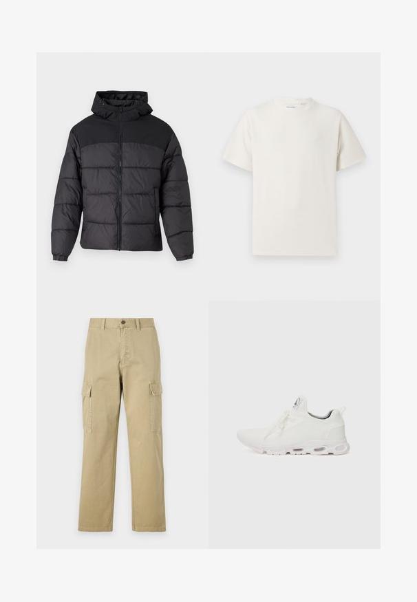 Svart puffjacka med huva, med dragkedja fram, elastiska ärmslut och en kviltad design. Översta delen har en slät tygkvalitet.; Vit t-shirt med kort ärm i ribbad struktur. Rund halsringning, löst sittande passform, inga synliga mönster eller detaljer. Enkelt och mångsidigt design.; Beige cargobyxor i bomull, med två sidofickor, knappstängning och raka ben i ett något texturerat tyg.; Vitaidande sportskor i vitt med en texturerad stickad ovandel, platta snören och en vadderad sula med synliga luftkammare för extra stöd.