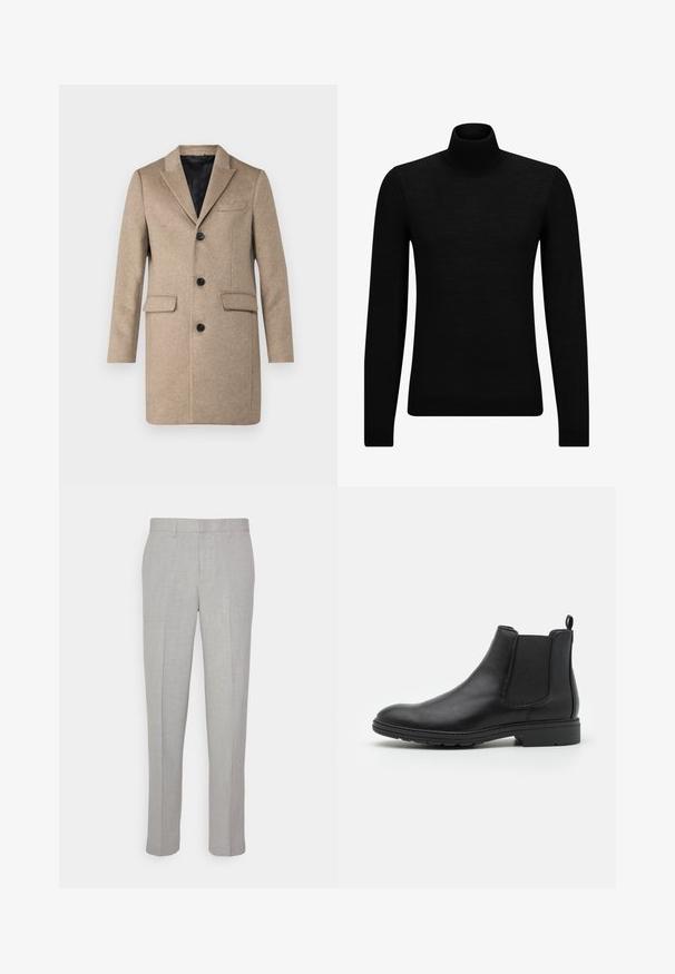 Beige gyapjú kabát, kifordított gallérral, három gombos záródással, két elülső zsebbel és sima fekete béléssel.; Fekete garbó pulóver puha anyagból, hosszú ujjakkal és szoros fazonnal. Ribbed díszítés az alján és az ujjak végén. Egyszerű dizájn.; Világosszürke nadrág, sima textúrával, lapos elülső résszel és egyenes lábakkal. Lélegző anyagból készült, belső zsebekkel és övjáratokkal ellátva.; Fekete bőr Chelsea csizma, elasztikus oldalpanellel és húzófüllel, lekerekített orral és texturált gumitalppal.