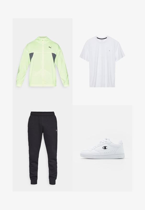 Veste vert clair en tissu lisse, dotée d'une capuche, d'une fermeture éclair à l'avant et d'accents en mesh gris foncé sur les côtés. Logo sur la poitrine.; T-shirt blanc à col rond en coton, avec des manches courtes et un petit logo brodé sur la partie gauche de la poitrine. Texture douce.; Pantalons de survêtement en coton noir avec une taille élastique et des poignets élastiques. Détails du logo sur le côté. Texture lisse, design effilé.; Baskets de sport blanches avec une tige synthétique lisse, accent logo noir et détails perforés sur le côté. Semelle en caoutchouc.