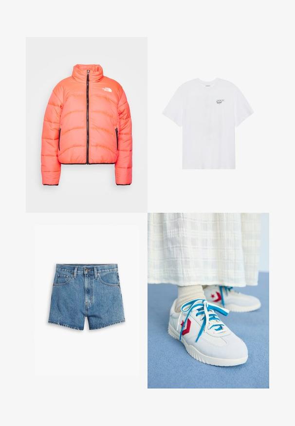 Putės oranžinė striukė su aukštu apykakle, priekiniais užtrauktukais ir juodais akcentais. Turtinga dviem užtrauktukais uždaromomis šoninėmis kišenėmis ir pagaminta iš siuvinėjimo tekstūros.; Even&Odd Marškinėliai su spaudiniu - white; Šviesiai mėlyni džinsiniai šortai, turintys penkis kišenes, užtrauktuko užsegimą ir mygtuko uždarymą. Apačia yra nusidėvėjusi, o dizainas yra laisvo pjūvio.; Balti sportiniai batai su raudonais ir mėlynais akcentais, tekstūruota medžiaga, plokščios raištelės, gumos padas ir šoninis logotipo detalė. Devėti su šviesiomis kojinėmis.