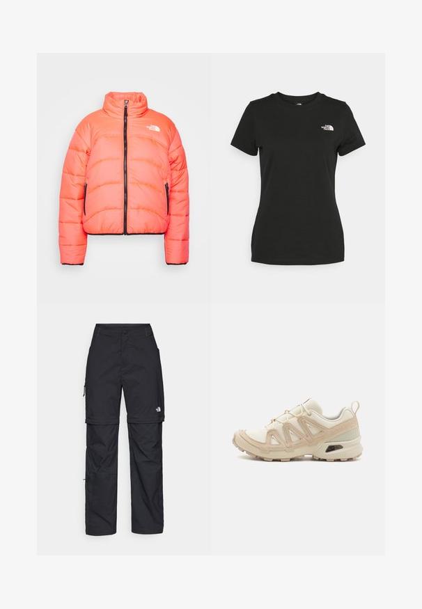 Casaco laranja preenchido com gola alta, fecho frontal e detalhes pretos. Apresenta dois bolsos laterais com fecho e textura acolchoada.; T-shirt de algodão preta com decote redondo e mangas curtas. Logótipo branco notável no lado superior esquerdo. Textura suave, ajuste casual.; Calças cargo pretas em nylon com fechos de correr removíveis, punhos ajustáveis, múltiplos bolsos e um logótipo na perna direita. Textura suave e leve.; Sapatilha atlética beige e creme com parte superior em malha texturizada, sobreposições de suporte e sola de borracha com um padrão de cravo para tração.