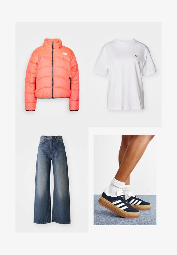 Puffy orange jacket with high collar, front zipper, and black accents. Features two zippered side pockets and quilted texture.; White cotton t-shirt with a relaxed fit, short sleeves, and a small embroidered logo on the left chest area.; Blue high-waisted wide-leg jeans with front button and pockets, faded texture on thighs and a straight hem.; Black suede sneakers with white stripes and accents, rounded toe, gum rubber outsole, paired with white ribbed crew socks.