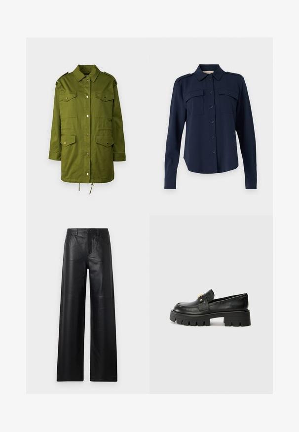 Green, long-sleeve military-style jacket made of cotton. Features two chest pockets, snap buttons, epaulets, and drawstring at the hem.; Navy blue button-up shirt made of soft fabric. Features two chest pockets, shoulder epaulets, and long sleeves with buttoned cuffs.; Wide-leg black leather pants with a smooth texture, featuring front pockets, a button closure, and subtle stitching details.; Black leather loafers with a chunky sole, featuring a gold-tone accent on the front and a smooth finish. Chunky tread design on the sole.